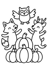 Cheerful Fox and Deer with Owl Surrounded by Pumpkins in Playful Autumn Scene