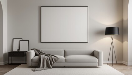 Modern living room with a large blank canvas above a plush sofa and a tall standing lamp