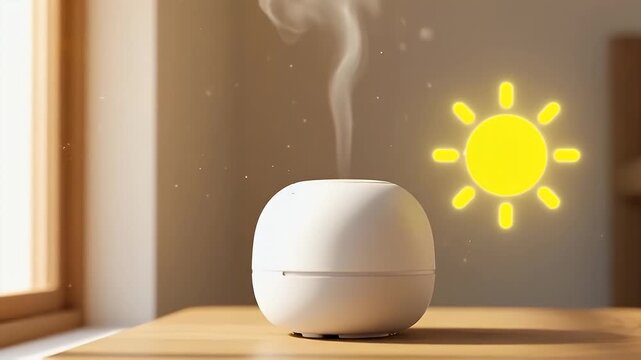 Sunlit room with a minimalist diffuser emitting a thin wisp of steam as a glowing sun icon pulses gently, uplifting morning ambiance