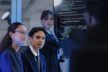 A female AI specialist leads a technical workshop, explaining a complex algorithm on screen to her team. A concept of knowledge sharing, software development, and female leadership in tech.