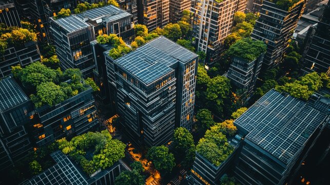 Sustainable city with green energy and net zero emissions. Solar power. Renewable resources