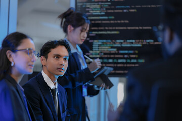 A female AI architect leads a strategy session, presenting the code for a new Generative AI model. Her diverse team discusses the system's architecture and path to AGI development.