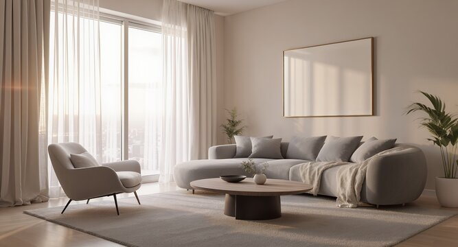 Modern Living Room Design Neutral Tones, Cozy Atmosphere Elegant Decor