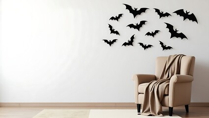 Armchair with a throw blanket and bat decorations against a white wall for halloween theme decor