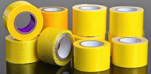 Rolled-up yellow tapes with purple inner rims