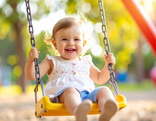 Happy young child playing on a swing in a sunny park, bright natural light, colorful playground equipment, joyful expression