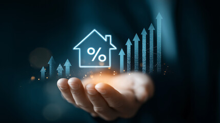A glowing house icon with a percentage symbol inside, floating above an open palm, surrounded by upward-pointing arrows and rising bar graphs, symbolizing increasing mortgage rates.