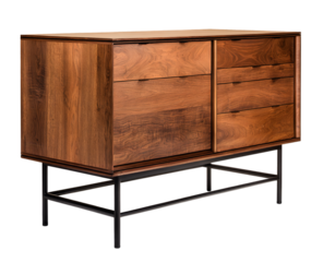 Wooden sideboard with metal legs.