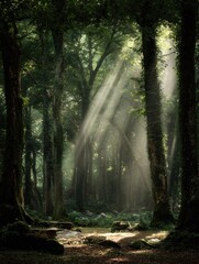 Fototapeta premium Sunlight streams through a dense, ancient forest. Lush greenery and towering trees create a mystical atmosphere