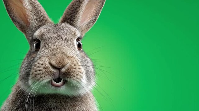 Close up of a rabbit with its mouth open and teeth showing against a green background plain studio shot green screen animal video