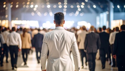 Man walking through a large convention hall