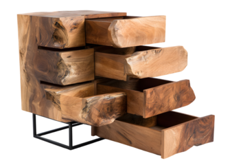 Wooden chest of drawers with exposed natural wood grain.