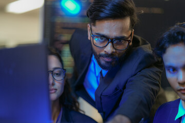 A senior AI architect mentors a diverse team as they debug a complex neural network. Intense,...