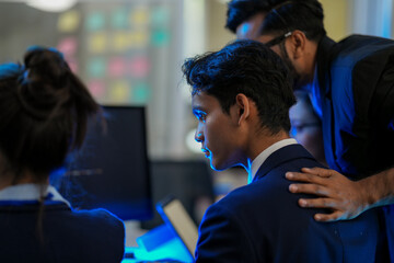 A senior AI architect mentors a diverse team as they debug a complex neural network. Intense, focused collaboration on developing the future of Artificial General Intelligence (AGI).