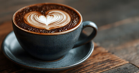 Close up hot cappuccino white coffee cup with heart shape latte art on dark brown old wood table at cafe,food and drink concept.