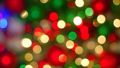 Obraz premium Colorful Festive Bokeh Background Featuring Cheerful Red Green and Gold Lights for Holiday Atmosphere