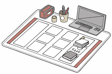 Desk setup with laptop pens and storyboard layout