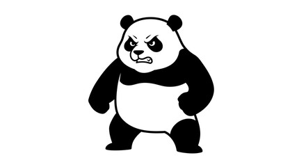 Fototapeta premium Intense and determined cartoon panda bear character stands with a fierce, angry expression, embodying a powerful and grumpy mascot design element.