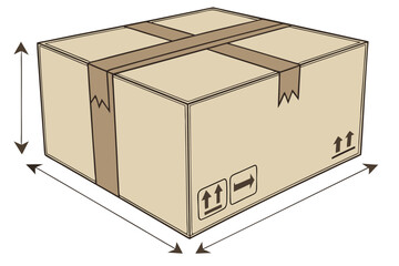 Cardboard box with shipping symbols and dimension arrows