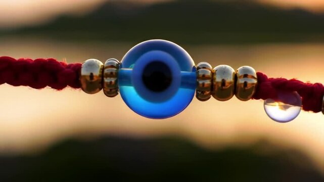 Red string bracelet with a blue eye charm against sunset background