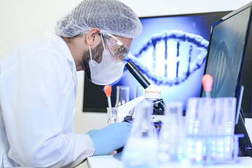 A diverse team of scientists collaborates in a high-tech biotech lab. A senior researcher mentors...