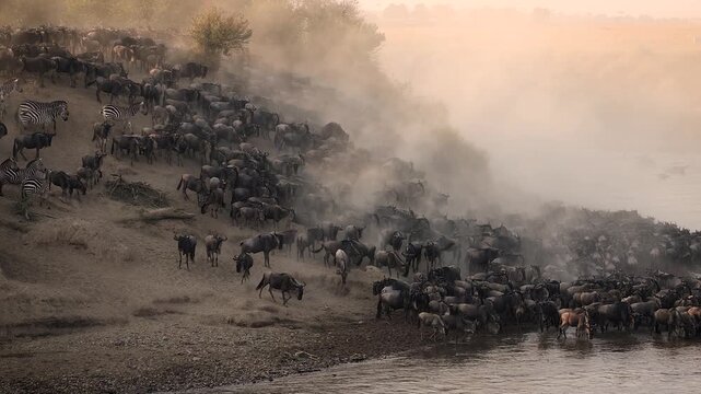 The great migration, wildebeest cross the Mara River in Africa