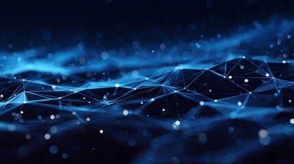 Abstract digital network. Blue interconnected lines and points on a dark background, with subtle light blue wisps and glittering particles. Complex, dynamic, and interconnected network