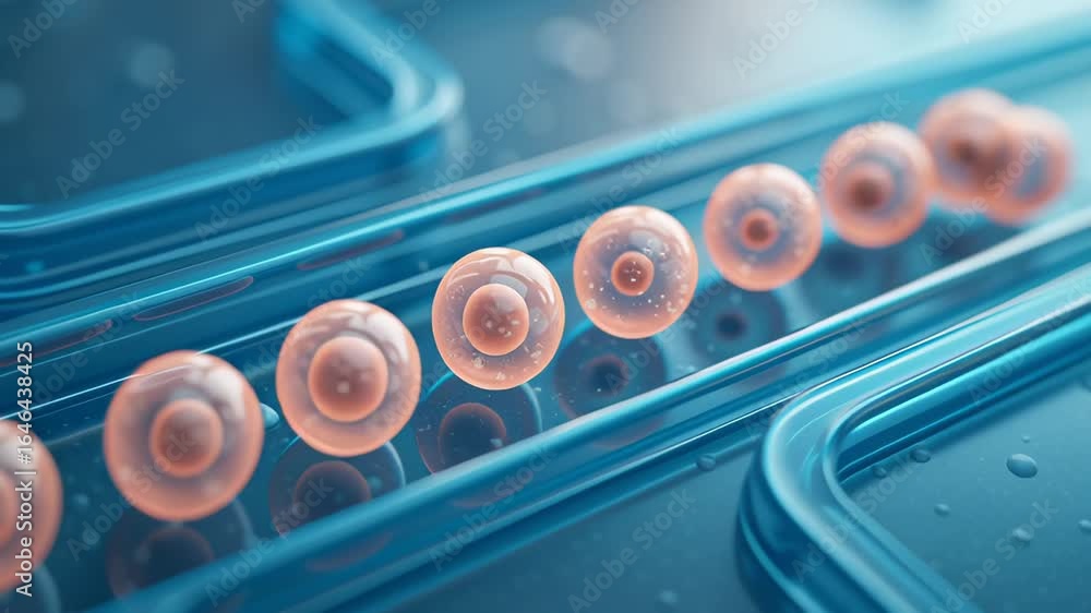Poster bioengineering innovation with transparent cell spheres aligned in precise pattern on blue laborator