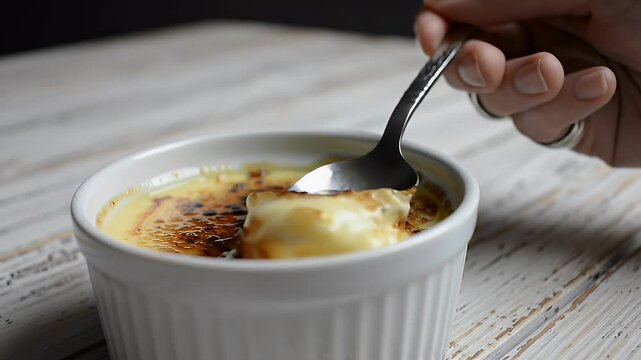 Cr?me br?l?e Close Up in Ramekin with Spoon Breaking Crust on Rustic White Wooden Table Surface