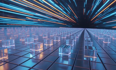 Futuristic Data Network High-Tech Abstract Background with Illuminated Glass Cubes