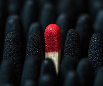 The lit matchstick stands out in the darkness, its flame illuminating the surrounding unlit matchsticks and creating a striking contrast.