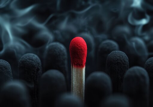The lit matchstick stands out in the darkness, its flame illuminating the surrounding unlit matchsticks and creating a striking contrast. - Powered by Adobe