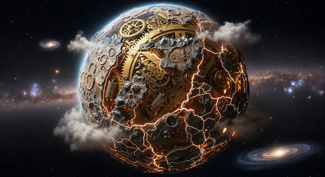 Steampunk Earth Globe with Gears and Galaxy in Space Abstract Illustration