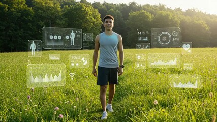 Male walking outdoors with digital holographic health stats
- Powered by Adobe
