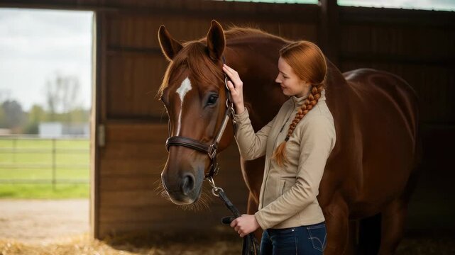 Young female bonding with brown horse in stable
