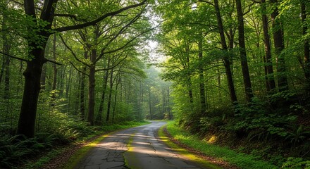 Obraz premium Forest road curves through lush green woodland landscape