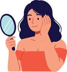 Woman checking face in hand mirror with dark hair and red top vector illustration 