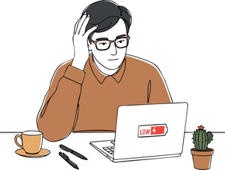 Man with glasses working on laptop with low battery notification and coffee cup vector illustration 