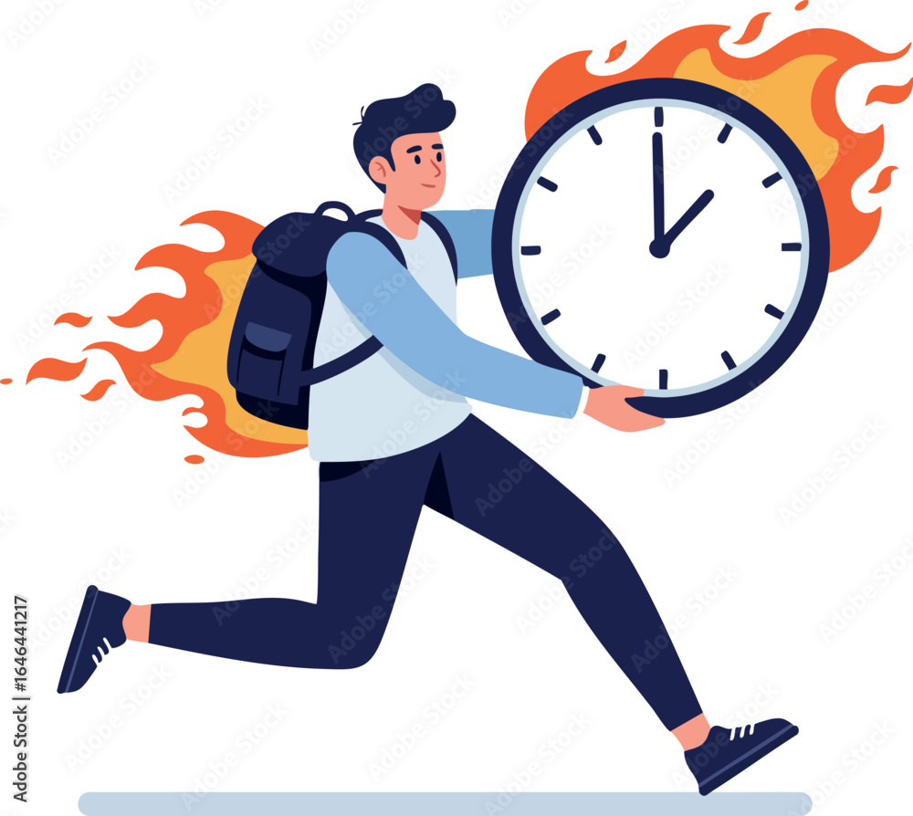 Poster man running holding large clock with flames symbolizing urgency and time pressure vector illustratio
