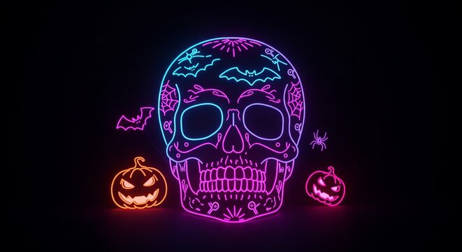 Neon skull with bats and pumpkins Halloween decoration