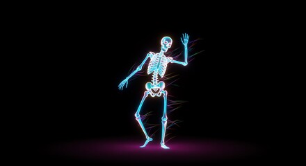 Skeleton dancing with neon lights on black background