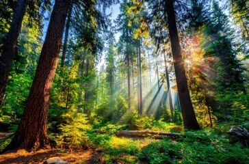 Sunlight streams through a dense forest. Sunlight beams through tall trees, illuminating a forest floor covered in vibrant greenery