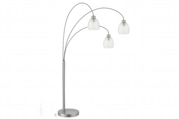 Stylish arc floor lamp illuminating contemporary interior design, featuring three frosted glass shades and a sleek metal stand, isolated on a transparent background