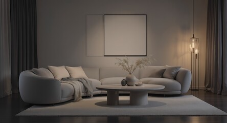 Modern Living Room Design Cozy Elegant Evening Ambiance with Curved Sofa, Statement Lamp Artwork