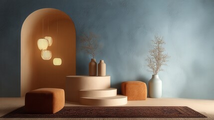 Soft suede podium with rounded corners, cozy modern aesthetic, muted camel and sky blue, warm diffused lighting, indoor boho room.