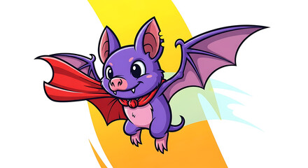 A cute purple bat superhero with a flowing red cape and large ears smiles while flying.