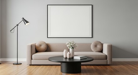 Modern Living Room Interior Design Mockup Large Framed Canvas, Beige Sofa, Coffee Table