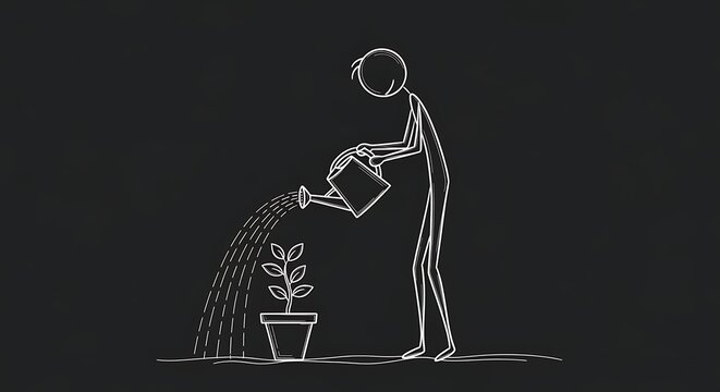 Stick figure watering plant conveys growth and nurturing for dark background concept - Powered by Adobe