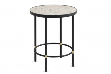 Minimalist round coffee table with terrazzo surface, supported by slim black metal legs, positioned against transparent backdrop for interior design rendering