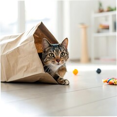 A mischievous tabby cat peeking out of a crumpled brown paper bag on a light-colored wooden floor. The cat's curious eyes are wide open, and there are colorful cat toys scattered nearby in a bright, 